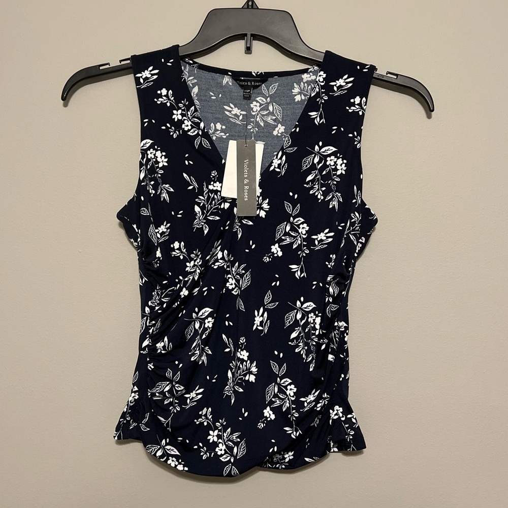 White Floral Print Navy Sleeveless Blouse by